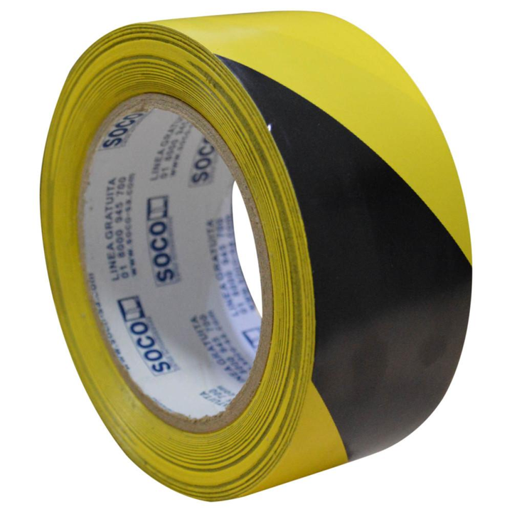 CINTA DEMARCACION DE PISO ADHESIVA AMARILLA NEGRA 2" X 33 MTS SOCO
