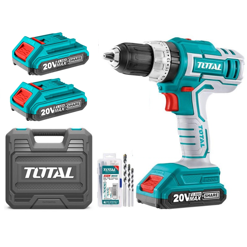 TALADRO INALAMBRICO PERCUTOR 1/2 20V INDUSTRIAL 2BAT Y BROCAS TOTAL (UTIDLI20031)