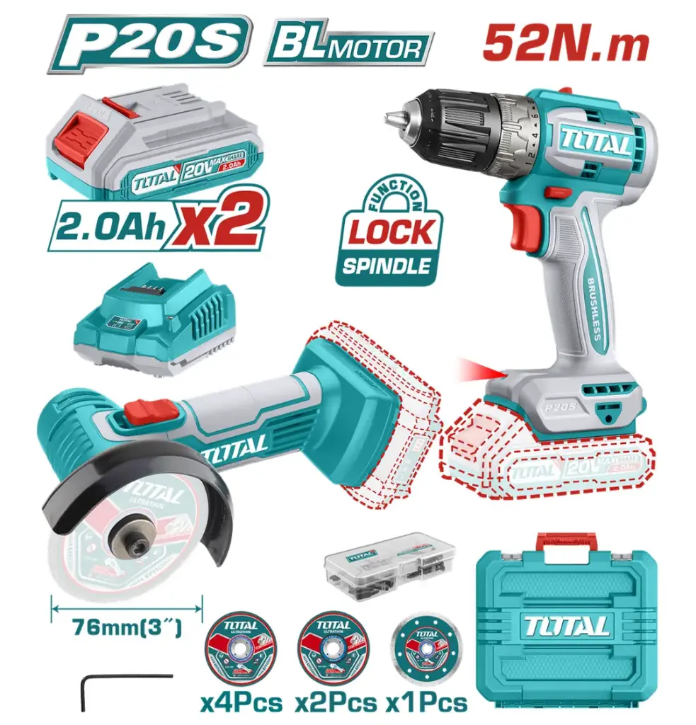 COMBO INALÁMBRICO TALADRO 1/32, 3/8" 20V 52N.M + MINI PULIDORA 3", INCLUYE 2 BATERÍAS 2.0AH, 1 CARGADOR 20V, 7 DISCOS Y 47 ACCESORIOS INDUSTRIAL SUPER TOTAL (UTCKLI20278)