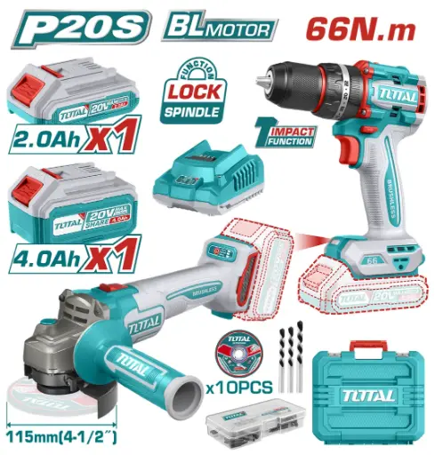 [18124] COMBO INALÁMBRICO TALADRO 1/2" 20V 66NM + PULIDORA 4 1/2" INCLUYE 1 BATERÍA 20V (2.0AH), 1 BATERÍA 20V (4.0AH), CARGADOR 20V, 10 DISCOS DE CORTE Y ACCESORIOS TOTAL (UTCKLI20273)