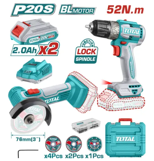 [18126] COMBO INALÁMBRICO TALADRO 1/32, 3/8" 20V 52N.M + MINI PULIDORA 3", INCLUYE 2 BATERÍAS 2.0AH, 1 CARGADOR 20V, 7 DISCOS Y 47 ACCESORIOS INDUSTRIAL SUPER TOTAL (UTCKLI20278)