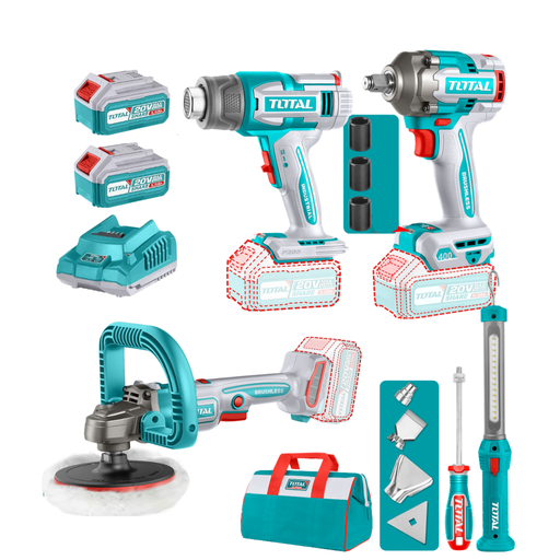 [18366] COMBO INALAMBRICO 20V POLICHADORA 7" + PISTOLA IMPACTO 1/2 400 N.M + PISTOLA DE CALOR + LAMPARA DE TRABAJO 300 LUMENES INCLUYE 2 BATERIAS 5.0AH, 1 CARGADOR Y ACCESORIOS INDUSTRIAL SUPER TOTAL (UTOSLI241182)